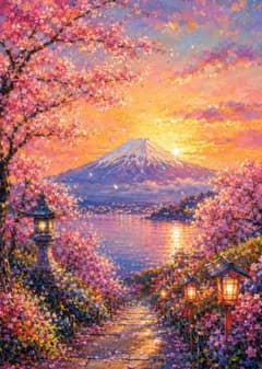 富士山開運絵画新春セール☆満開桜金富士A3サイズ額縁付運気上昇アクリル画原画 桜舞う富士山と黄金の夕陽】運気上昇・幸福招来 開運アート 油絵風
