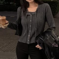 ウール混カーディガン風長袖ニット　チャコールのサムネイル
