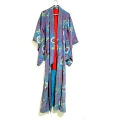 アンティーク着物 花柄×幾何学文様 水色 紫 正絹 大正ロマン 昭和 