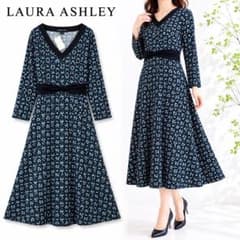 未使用タグ付 ローラアシュレイ ひざ丈ワンピース フレア 七分袖 紺色 Q890 新品未使用 XL ローラアシュレイ タグ 伸縮性 ワンピ レディース