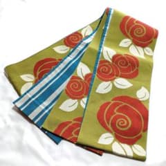 早い者勝ち♥ピスタチオグリーン×薔薇♥リバーシブル両面♥浴衣半幅帯♥