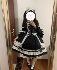 ブラック×ホワイト クラシカルロリータ OPワンピーsetヘアアクセ付き