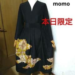 正絹 黒留袖 ウエストリボン付きタック入りワンピース♪着物リメイク