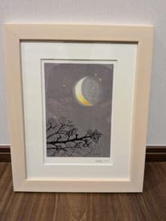 渡辺あきお 月夜と猫のプリントスクリーン（直筆サイン、フレーム付き
