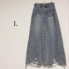 ワイドデニムパンツ フェード加工 前ポケット 裾長め 切りっぱなし【L】