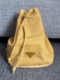 美品】PRADA プラダ 巾着ポーチ ナイロン イエロー 三角ロゴ ミニ
