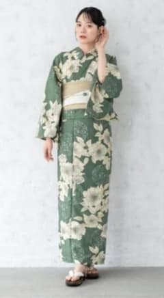 画像の帯つき◆◆ノー皺加工最高級クールパス◆モダン翡翠緑の花古典夏浴衣◆ ◇ノー皺加工最高級クールパス◇モダン翡翠緑の花古典夏浴衣◇洗える