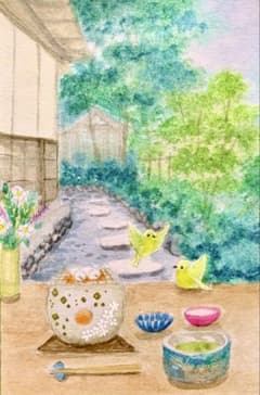 水彩画 めじろとお団子 値段は※900円です - メルカリ