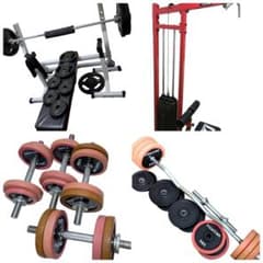 鹿児島】本格ジム一式 ベンチプレス(補助付) ラットマシン バーベル