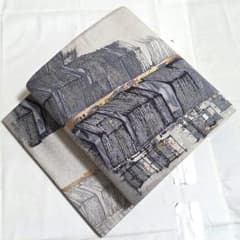 B9◇着物くつろぎ 街並み模様 金銀糸 グレー 六通 正絹 フォーマルな