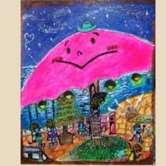 夜空と大きな傘の下の風景を描いたアクリル画作品のサムネイル