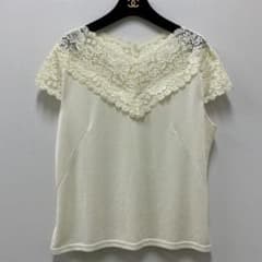 美品✨ ノーブランド レース ニット トップス アイボリー 半袖 花柄のサムネイル