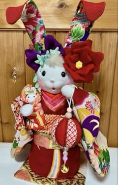 ㉕【うさぎの創作人形】　耳長ウサギ　ちりめん細工　縮緬細工　和雑貨　うさぎの置物のサムネイル