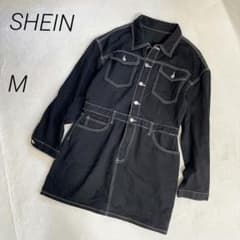 SHEIN 配色ステッチ　フロントボタン　デニムワンピース　ミニ　黒