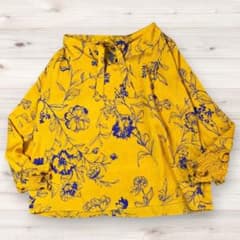 美品☆ピンキー&ダイアン ブラウス 黄色 花柄 ボウタイ リボン シワ 