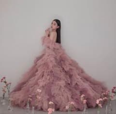 ニュアンスカラードレス くすみピンク ふわふわ チュール プリンセス