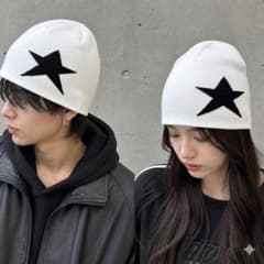 ビーニー ニット帽 白 黒スターシンプル y2kグランジ 海外ストリート