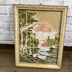 【昭和レトロ】文化刺繍画 ヴィンテージ 山岳風景 白樺湖畔 残雪の山 昭和レトロ】文化刺繍画 ヴィンテージ 山岳風景 白樺湖畔 残雪の山
