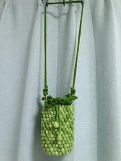 ハンドメイド 手編み 巾着バッグ グリーンのサムネイル