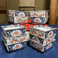 有田焼 古伊万里文様 角小鉢 幸山窯 染錦金彩花鳥 窓絵牡丹 唐草10客箱入のサムネイル