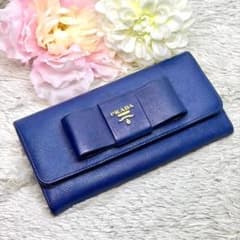 美品✨PRADA サフィアーノ 長財布 ネイビー フィオッコ リボン
