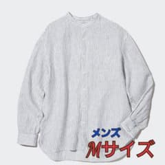 (美品)UNIQLO プレミアムリネンスタンドカラーストライプシャツ メンズMのサムネイル