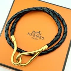 エルメス ジャンボチョーカー 編み込み2連 ブレス ゴールド 黒 レザー