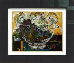 油絵 菅家令子絵 絵画インテリア 額付(黒) uF6-061203 ぶどう静物画