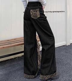 レオパード柄切替 ワイドデニムパンツ ブラックXLのサムネイル