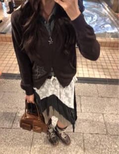Moromoro異素材レース×チェックアシンメトリースカート ブラック×ブラウンのサムネイル