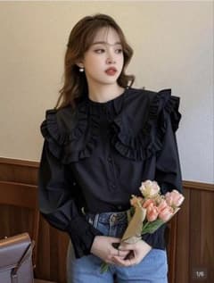 SHEIN レディース 無地フリルトリムボタンアップカジュアルシャツのサムネイル