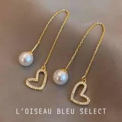 【ポーチ付き˖°*】大人かわいい♡ ハートとパールのロングチェーン ピアス˖°*のサムネイル