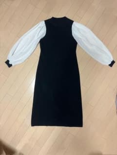 リボンベルト付き異素材モックネックロングニットワンピースのサムネイル