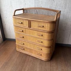 昭和レトロ ラタン ワイドチェスト 5段6杯 籐家具 収納棚 アジアン 古家具 昭和レトロ ラタン ワイドチェスト 5段6杯 籐家具 収納棚 アジアン 古