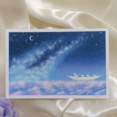 カルガモ親子と星空 風景画 オイルパステル画 原画 ハガキサイズ 絵画