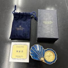美品】 MIKIMOTO ミキモト 手持ち時計 ブルー ゴールド 真珠付 貝型