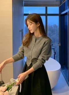 【美品】DHOLIC ラウンドネックエコパールニットカーディガン グレー