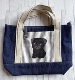 ハンドメイド 刺繍 黒パグ ミニショルダー トートバッグ うちの子 犬