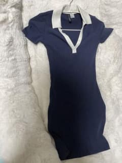 H&M リブニット ポロワンピース ミニワンピース XS ネイビーのサムネイル