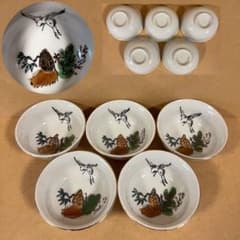 時代物 鶴 亀 松 猪口 寿 5客 盃 ぐい呑み 小鉢 縁起物 酒器 和食器