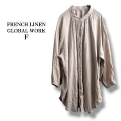 [GLOBAL WORK] French Linen Blend Band Shirt, Long Sleeve, Lightweight, Beige, Size F