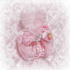 ぬい服 ぬい帽 うさ耳 ベロアリボン いちごチャーム ピンク② にじぱぺのサムネイル