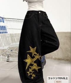 ワイドデニムパンツ ブラック スター刺繍 ストリートのサムネイル