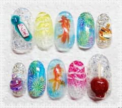 【ネイルチップ かき氷 りんご飴 ラムネ 海 水滴 金魚 ヨーヨー 夏祭り 夏】のサムネイル