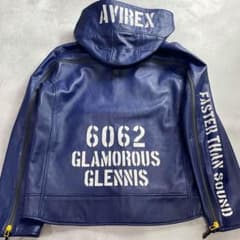 極美品 2XL AVIREX ライダースジャケット ラムレザー パーカー ブルー 