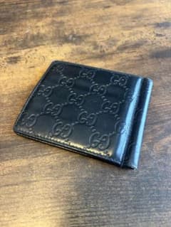 GUCCI シマ GG柄 マネークリップ 二つ折り 財布 レザー 黒 メンズ