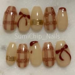 ネイルチップ チェックネイル ニュアンスネイル リボンネイル 秋ネイル
