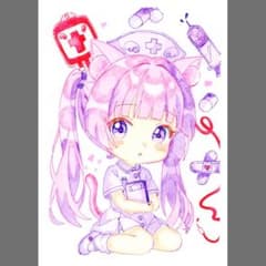 手描きイラスト 【ピンクのチビねこナース】 ネコ耳 ちびキャラ B6