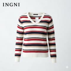 상태좋음 INGNI 잉 멀티 테두리 V 넥 리브 니트 M 신품 태그 첨부