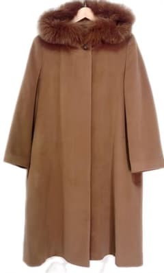 フォックスファー付き アンゴラ混 ウールロングコート ベージュ XL